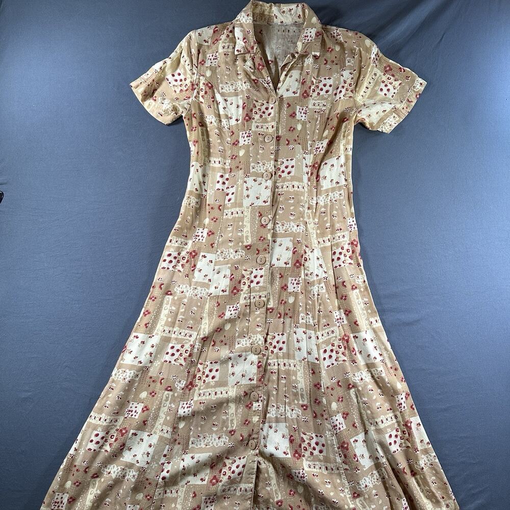 Beige Cream Floral Full Length Button Front Women’s Dress Size S/M